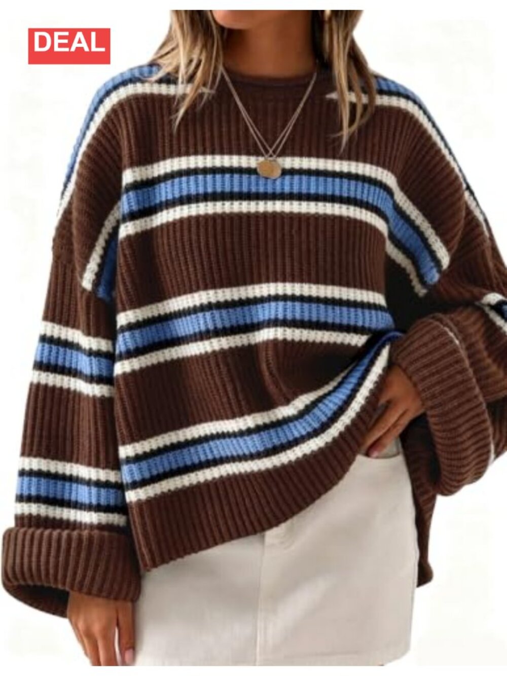 Oversized Striped Knit Pullover Sweater Lightweight Acrylic